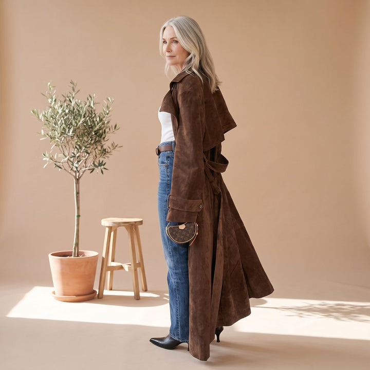 Women's Maxi Double-Breasted Belted Vegan Suede Trench Coat
