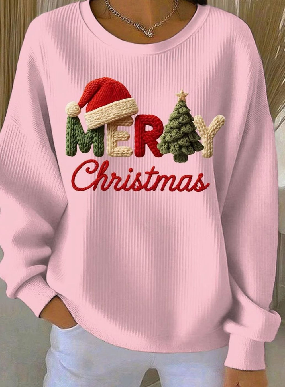 Women's Merry Christmas Graphic Crewneck Sweatshirt - Pink