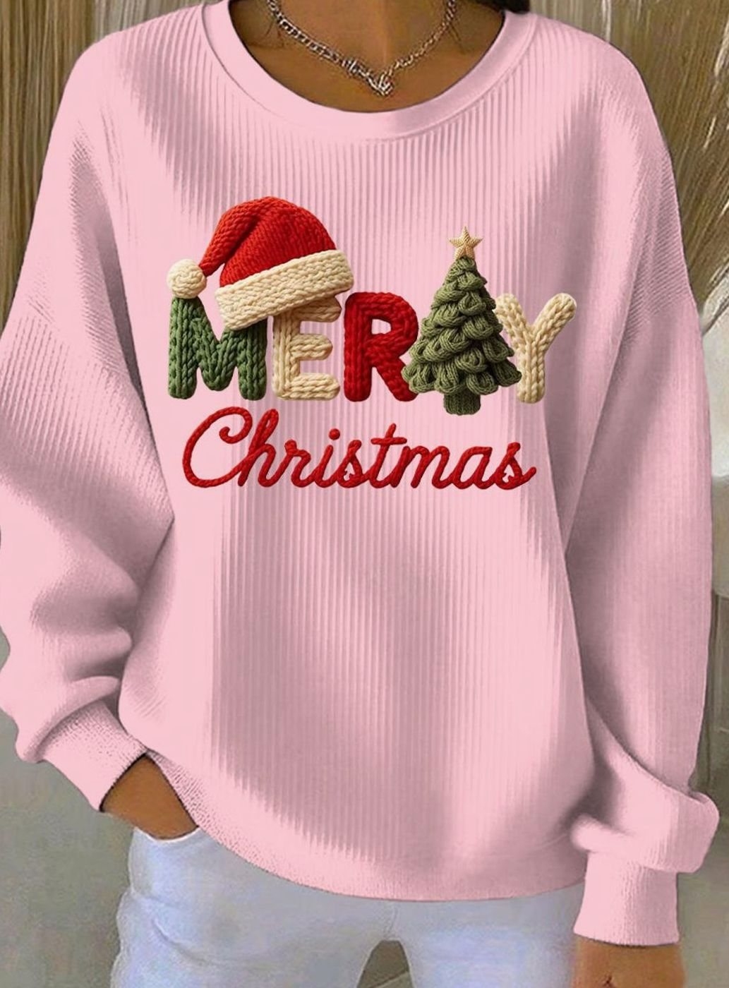 Women's Merry Christmas Graphic Crewneck Sweatshirt - Pink