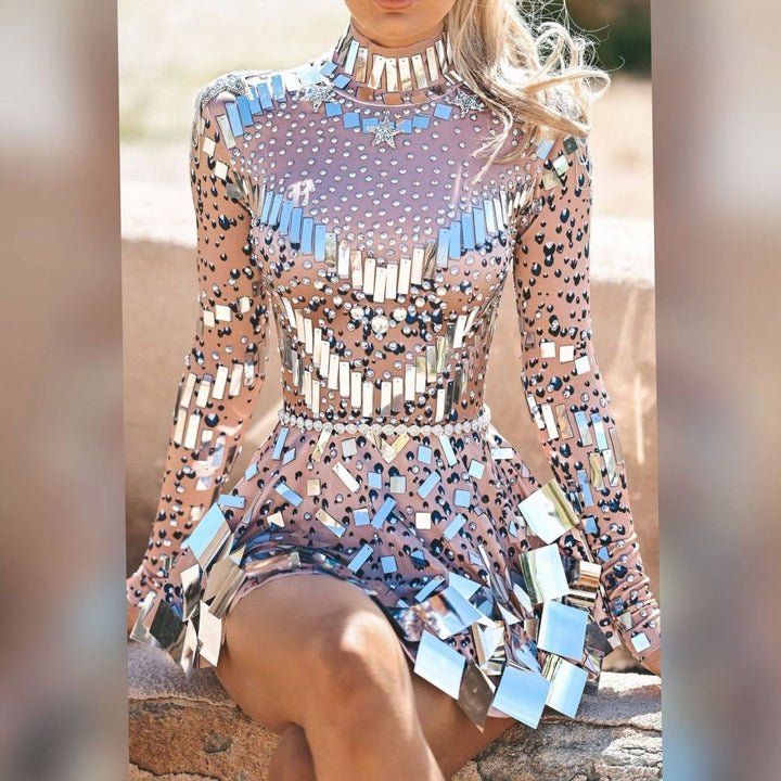 Women's Mirror Crystal Embellished Long Sleeve Mini Dress