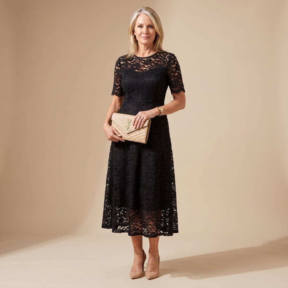 Women's Mock-Neck Long-Sleeve Floral Lace Dress Midi