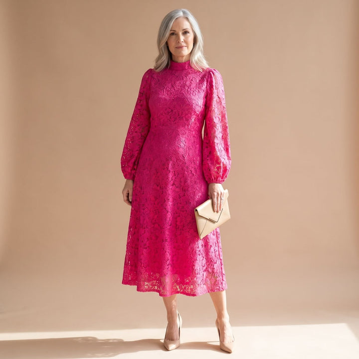 Women's Mock-Neck Long-Sleeve Floral Lace Dress Midi