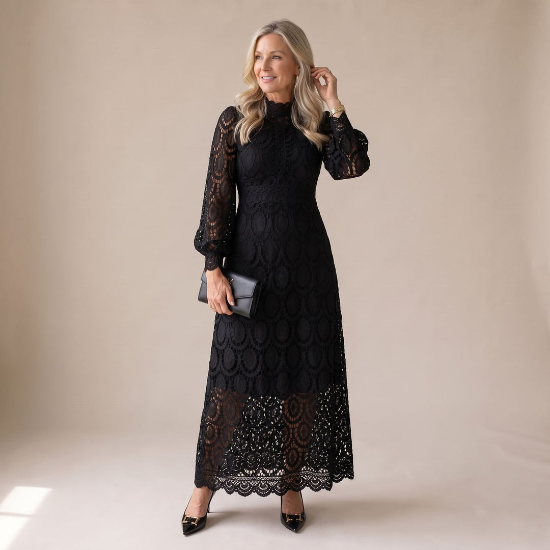 Women's Mock-Neck Long-Sleeve Floral Lace Dress Midi