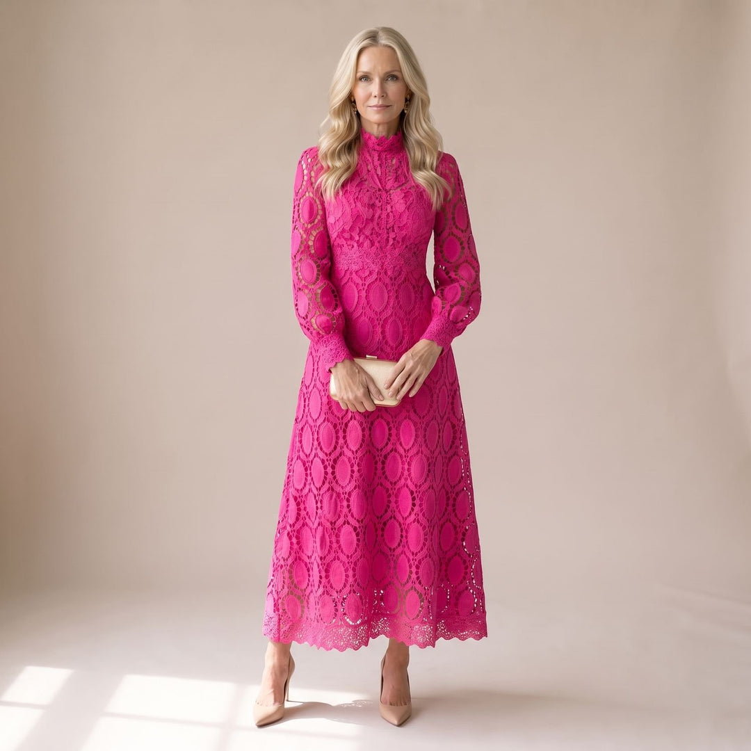 Women's Mock-Neck Long-Sleeve Floral Lace Dress Midi
