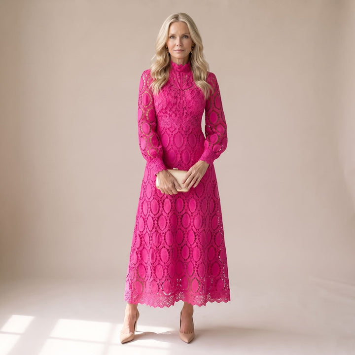 Women's Mock-Neck Long-Sleeve Floral Lace Dress Midi