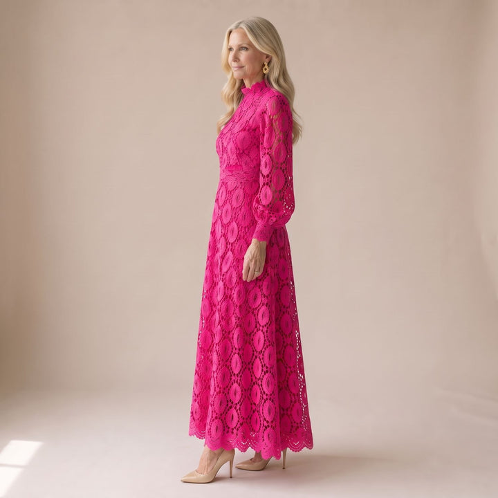 Women's Mock-Neck Long-Sleeve Floral Lace Dress Midi
