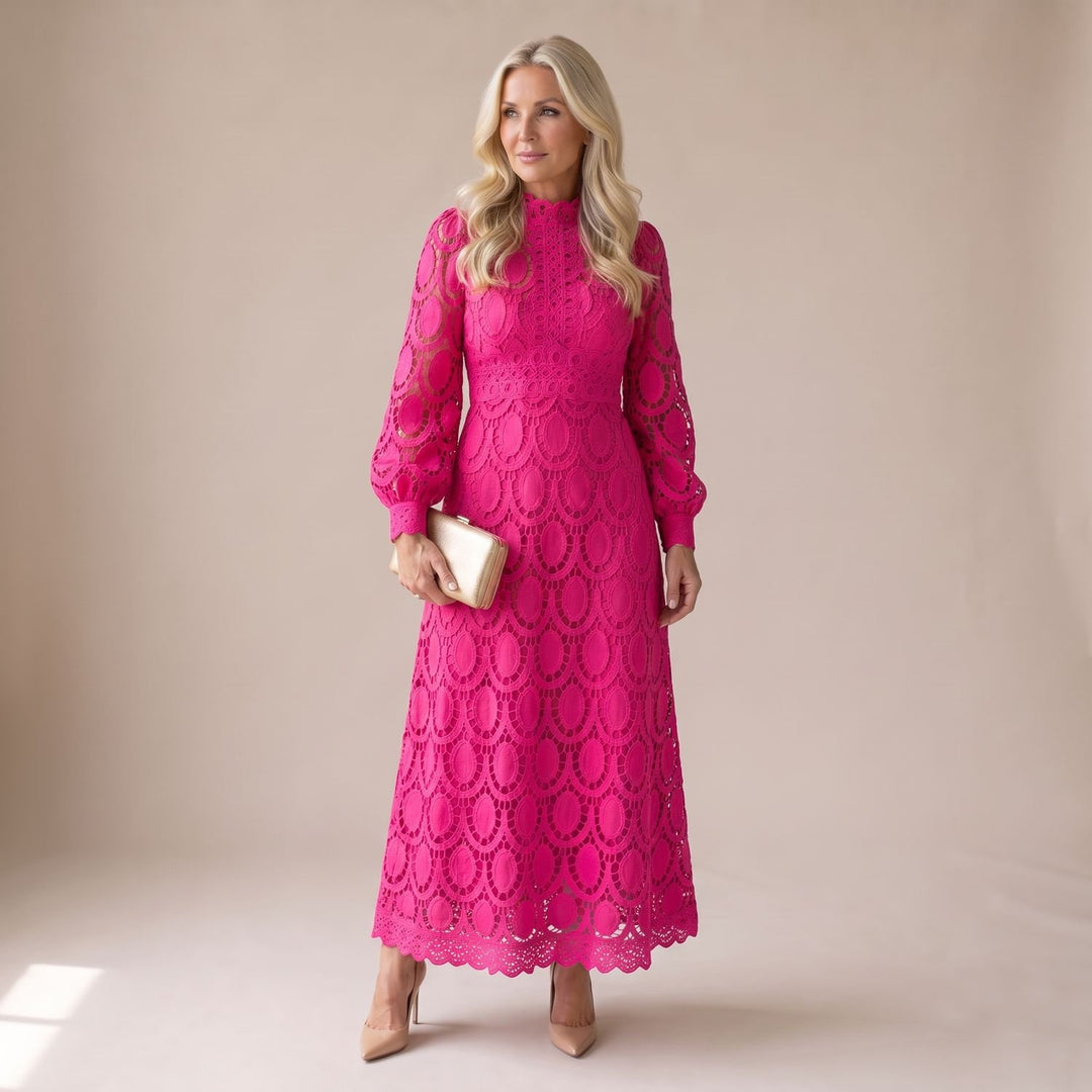 Women's Mock-Neck Long-Sleeve Floral Lace Dress Midi