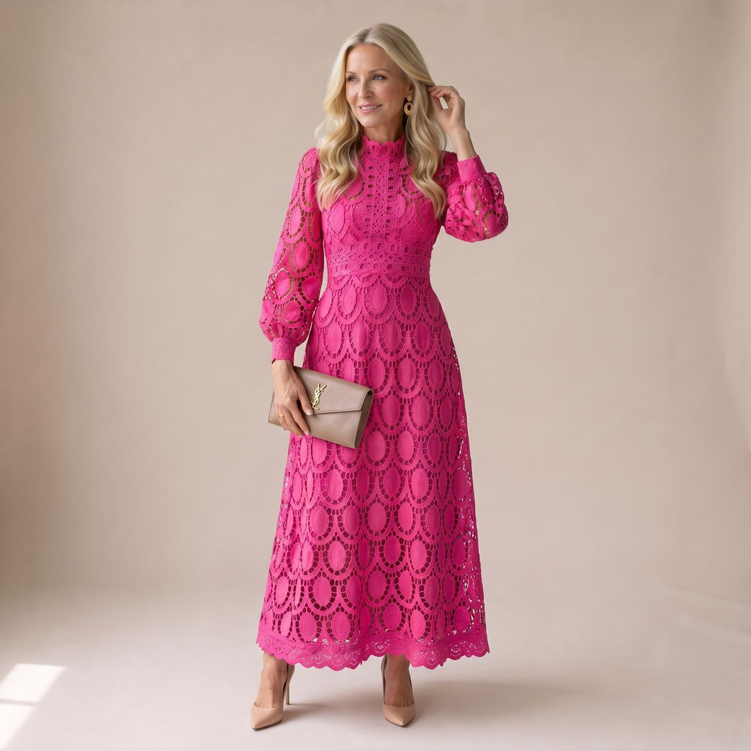 Women's Mock-Neck Long-Sleeve Floral Lace Dress Midi - Rose