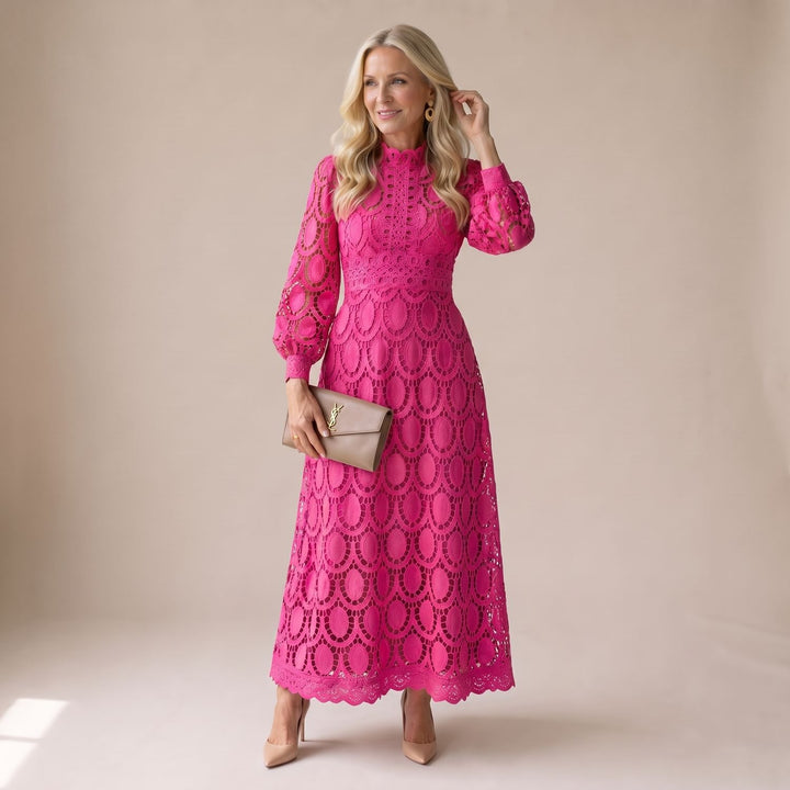 Women's Mock-Neck Long-Sleeve Floral Lace Dress Midi - Rose