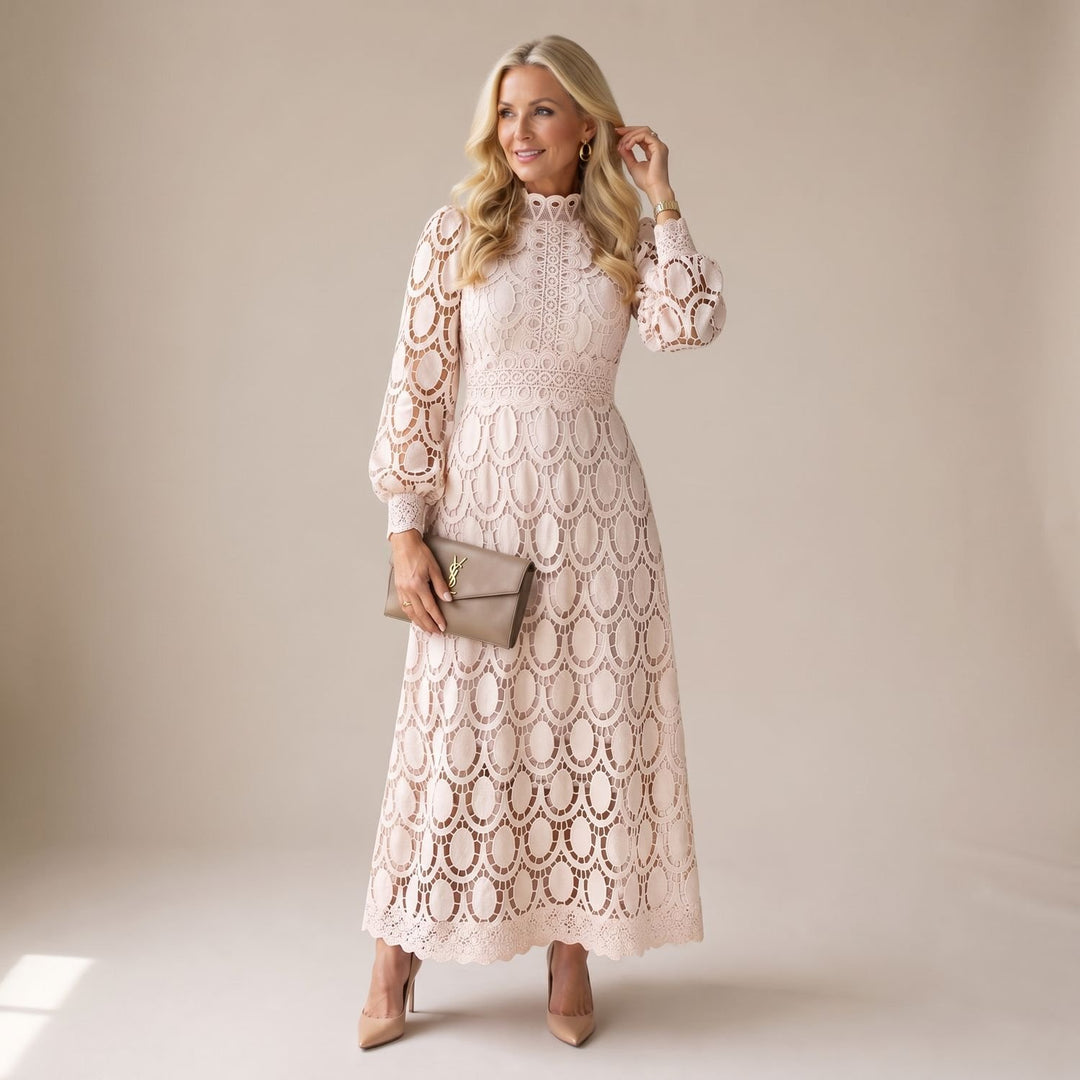 Women's Mock-Neck Long-Sleeve Floral Lace Dress Midi - White