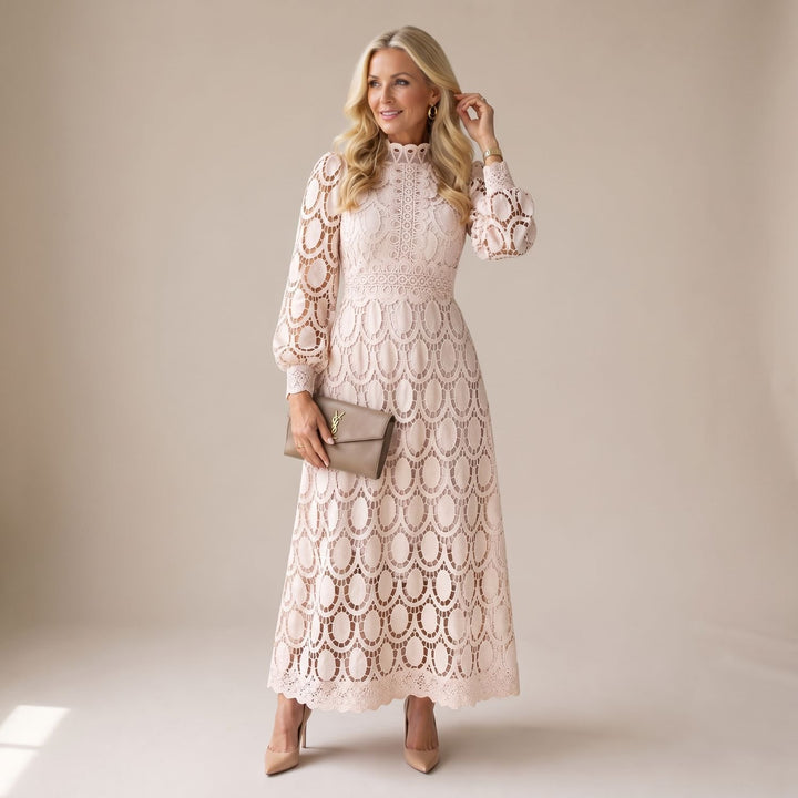 Women's Mock-Neck Long-Sleeve Floral Lace Dress Midi - White
