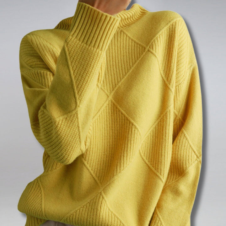 Women's Mock Neck Ribbed Diamond-Knit Pullover Sweater - Yellow