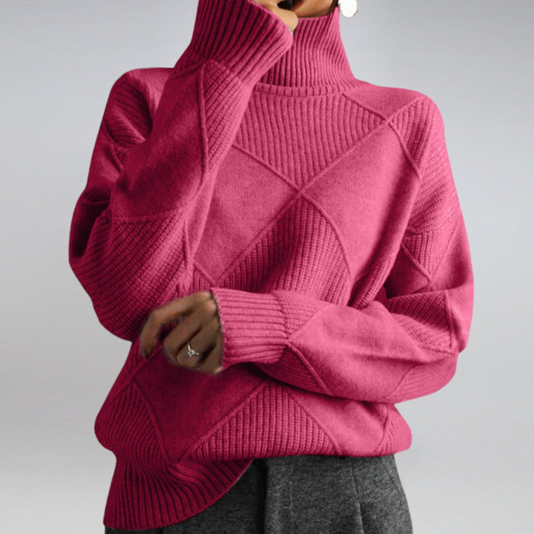 Women's Mock Neck Ribbed Diamond-Knit Pullover Sweater - Pink