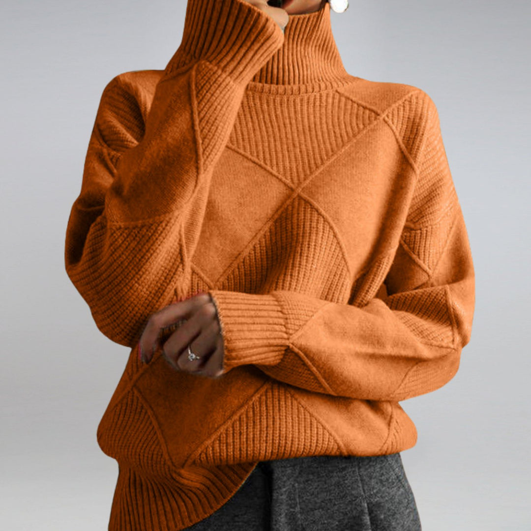 Women's Mock Neck Ribbed Diamond-Knit Pullover Sweater - Orange
