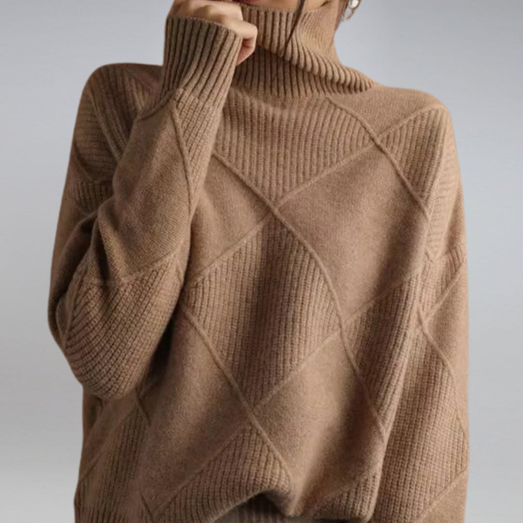 Women's Mock Neck Ribbed Diamond-Knit Pullover Sweater - Brown