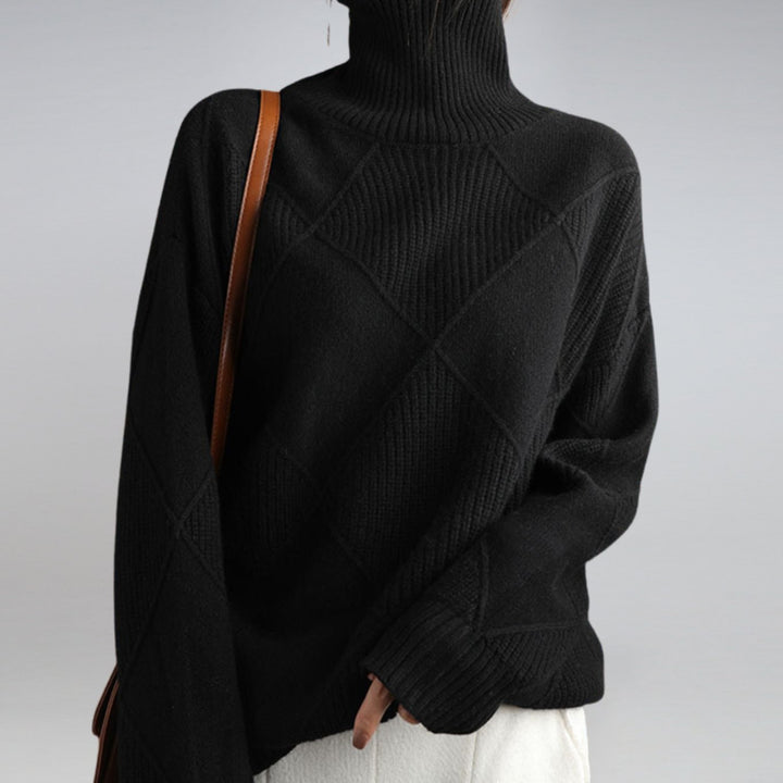 Women's Mock Neck Ribbed Diamond-Knit Pullover Sweater - Black