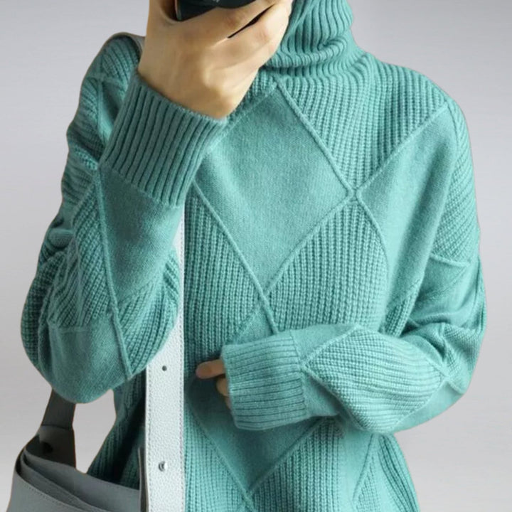 Women's Mock Neck Ribbed Diamond-Knit Pullover Sweater - Teal