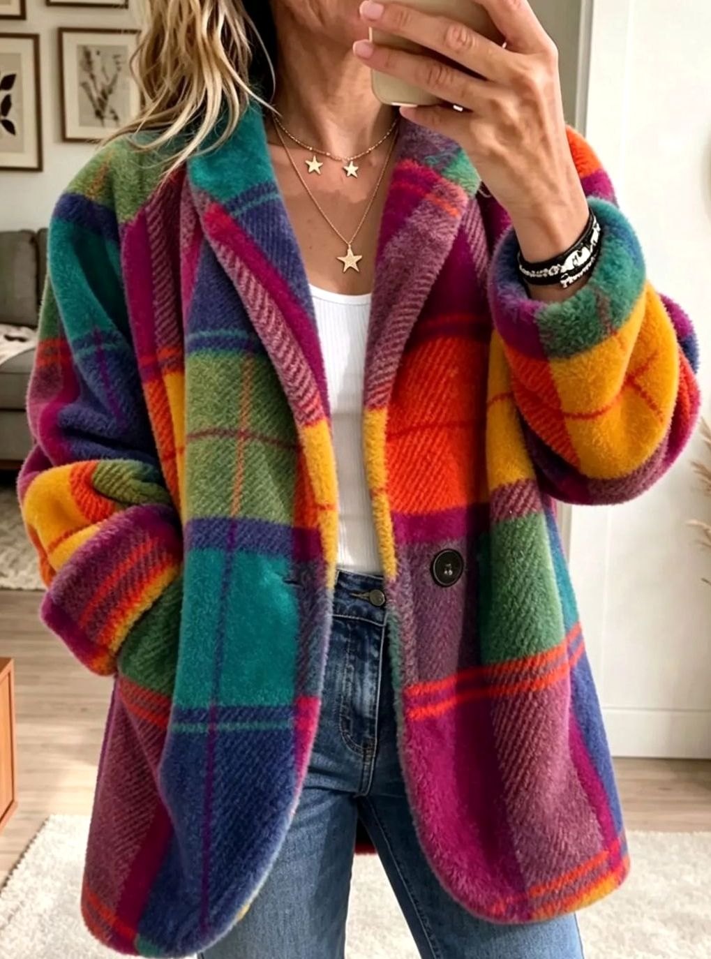 Women's Multicolor Plaid Button-Front Fleece Coat - Rainbow
