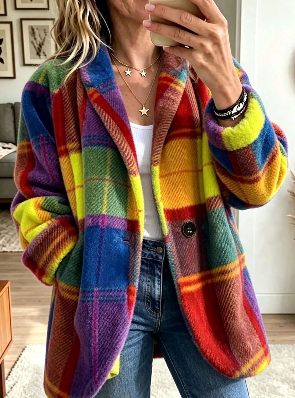 Women's Multicolor Plaid Button-Front Fleece Coat - Sun