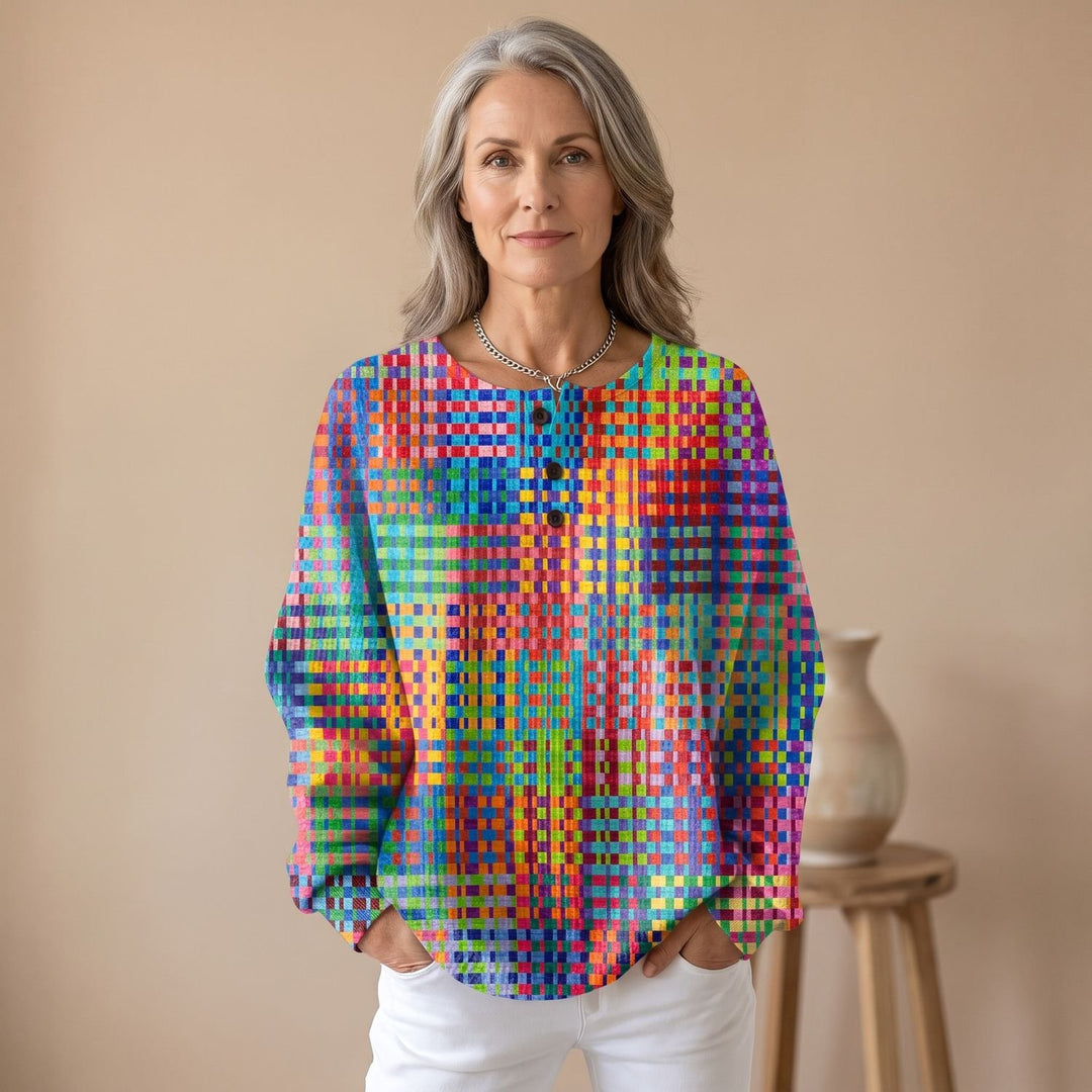 Women's Multicolor Tartan Plaid Sweater Long Sleeve Button Neck Top - Multicolored