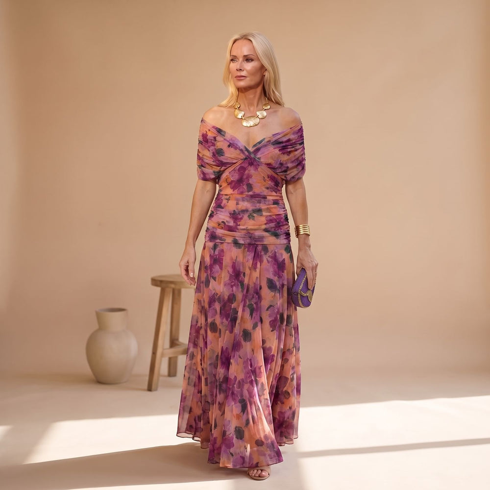 Women's Off-Shoulder Floral Maxi Formal Elegant Dress - Purple