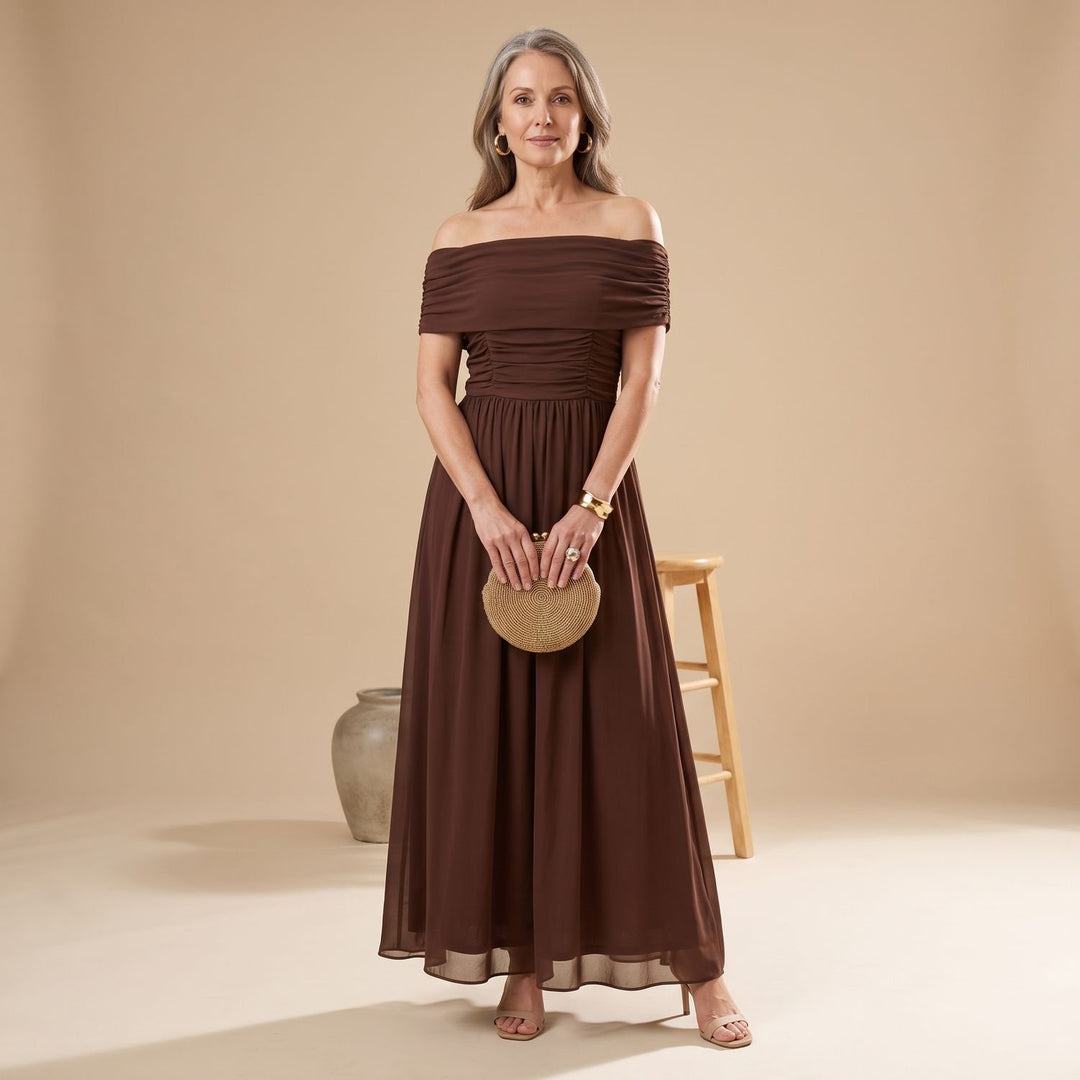 Women's Off-Shoulder Floral Maxi Formal Elegant Dress - Brown