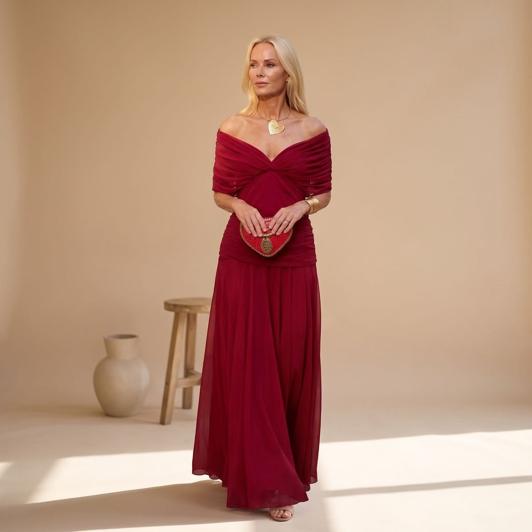 Women's Off-Shoulder Floral Maxi Formal Elegant Dress - Red