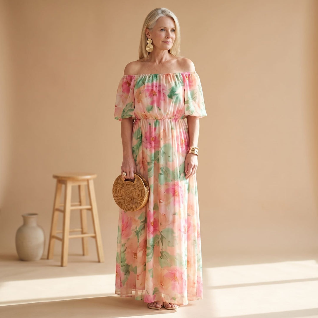 Women's Off-Shoulder Floral Maxi Formal Elegant Dress - Green and Purple