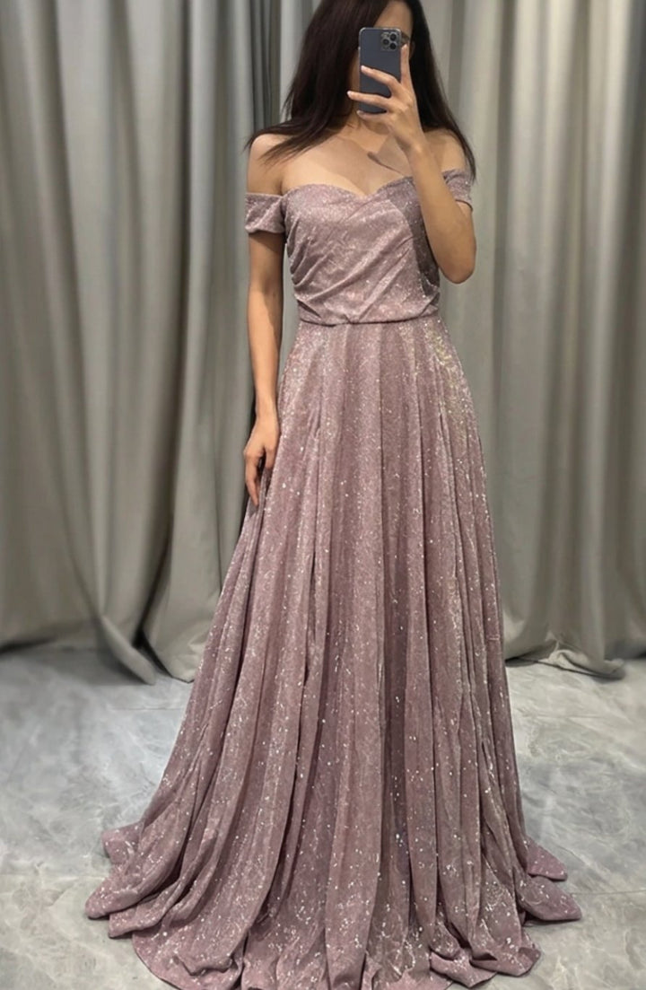 Women's Off-Shoulder Glitter Sequin Dress A-Line Wedding Guest Gown - Light Pink