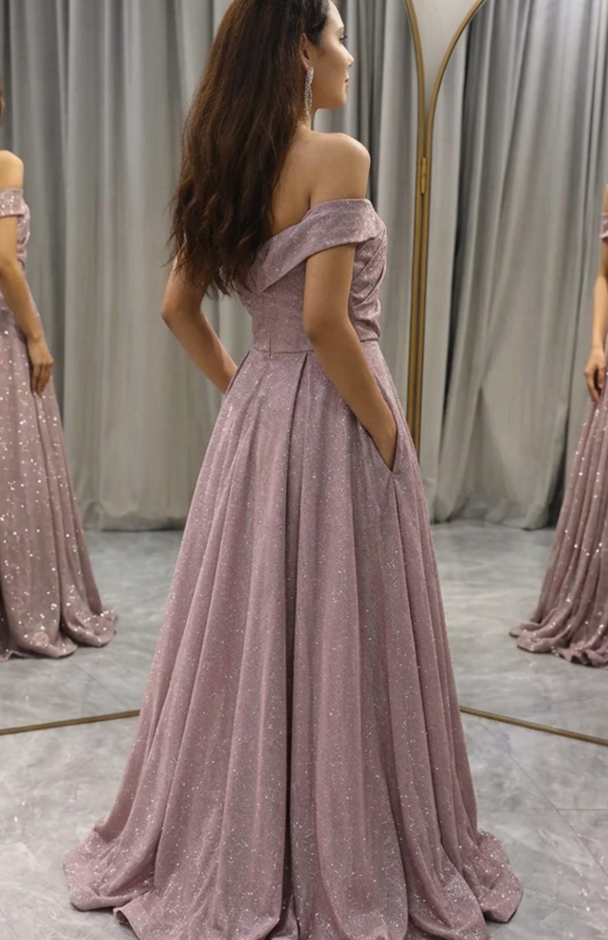 Women's Off-Shoulder Glitter Sequin Dress A-Line Wedding Guest Gown