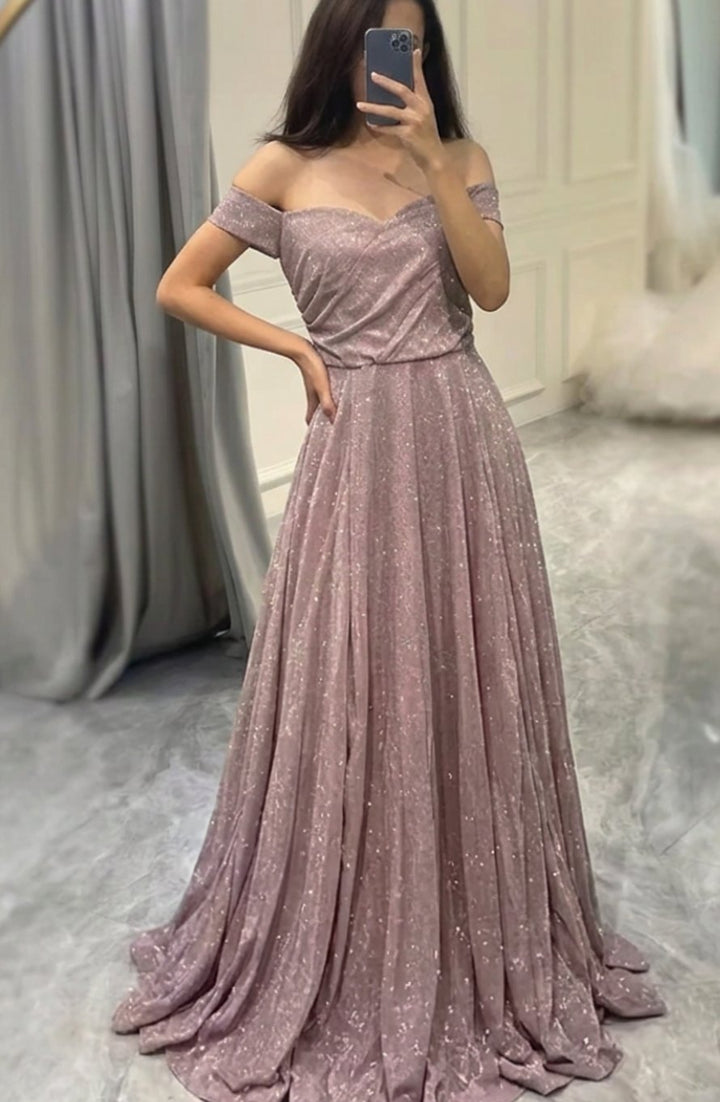 Women's Off-Shoulder Glitter Sequin Dress A-Line Wedding Guest Gown
