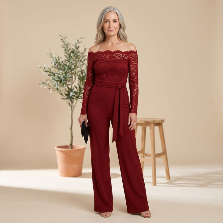 Women's Off-Shoulder Lace Long-Sleeve Belted Wide-Leg Jumpsuit - Red