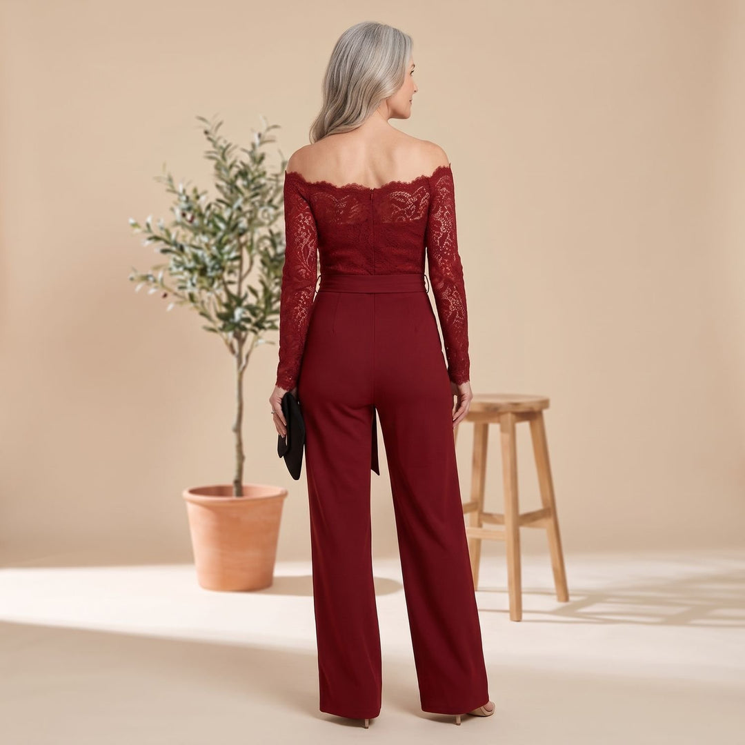 Women's Off-Shoulder Lace Long-Sleeve Belted Wide-Leg Jumpsuit