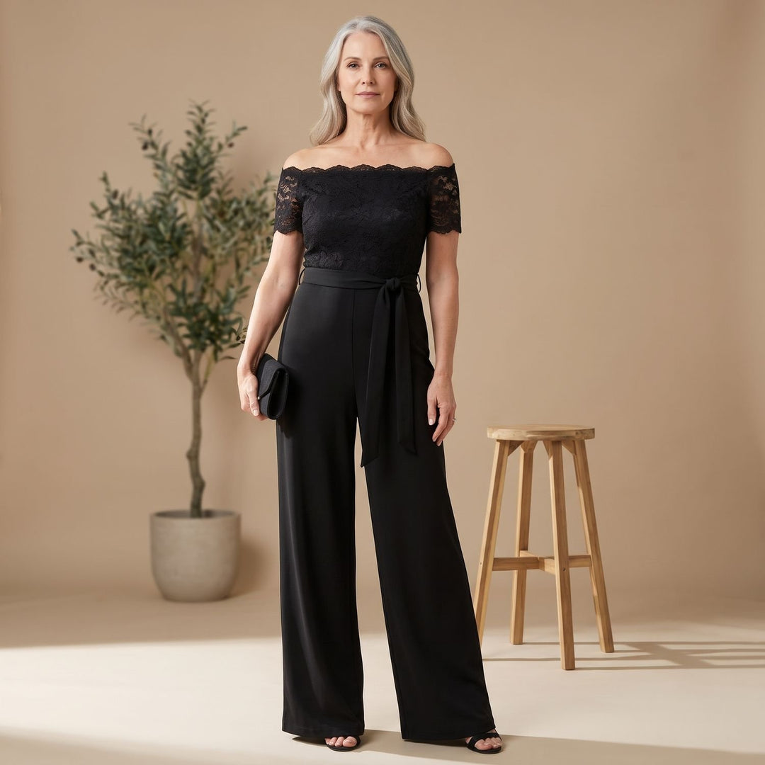 Women's Off-Shoulder Lace Long-Sleeve Belted Wide-Leg Jumpsuit - Black