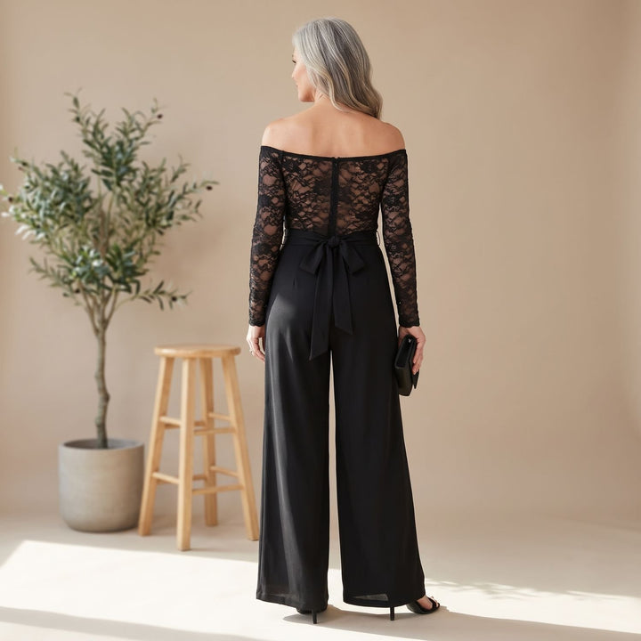 Women's Off-Shoulder Lace Long-Sleeve Belted Wide-Leg Jumpsuit