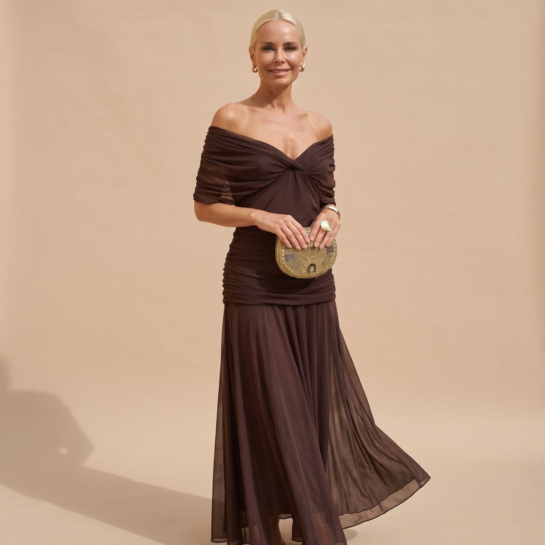 Women's Off-Shoulder Ruched Flowing Maxi Dress - Brown