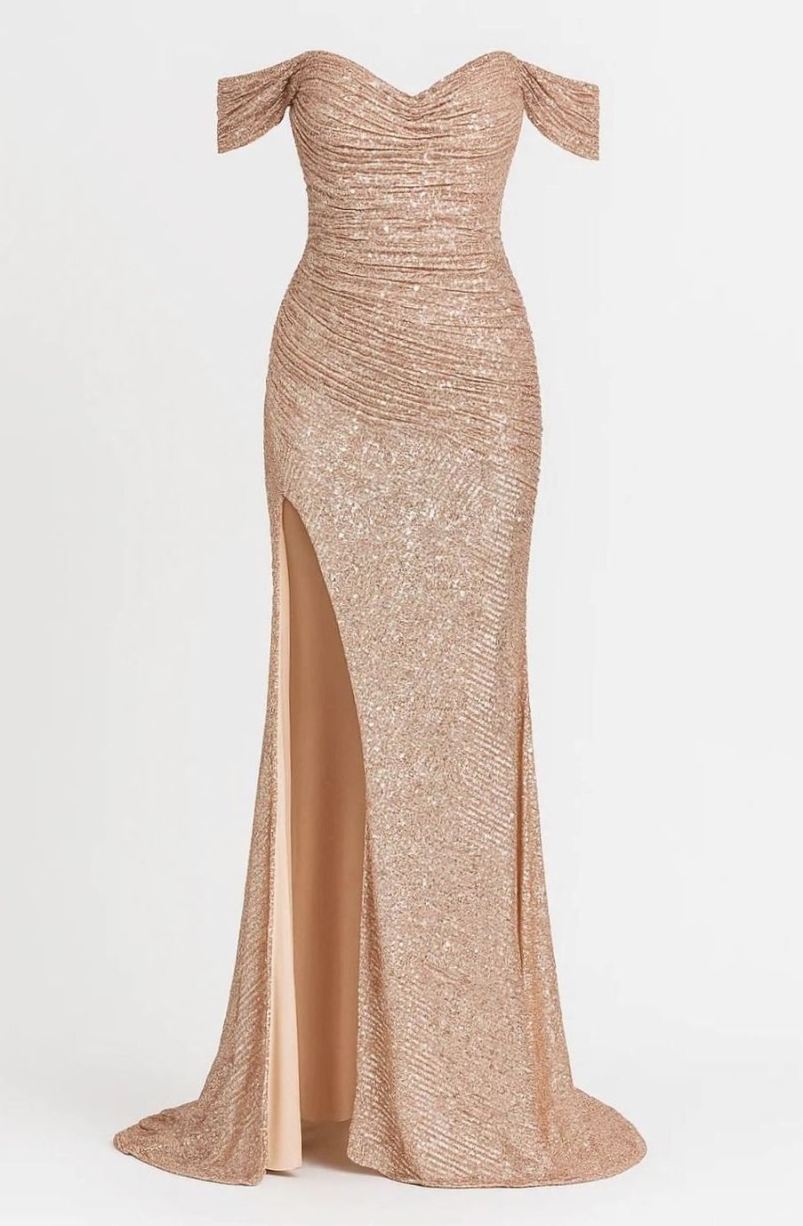 Women's Off-Shoulder Ruched Sequin Maxi Gown High Slit - Champagne