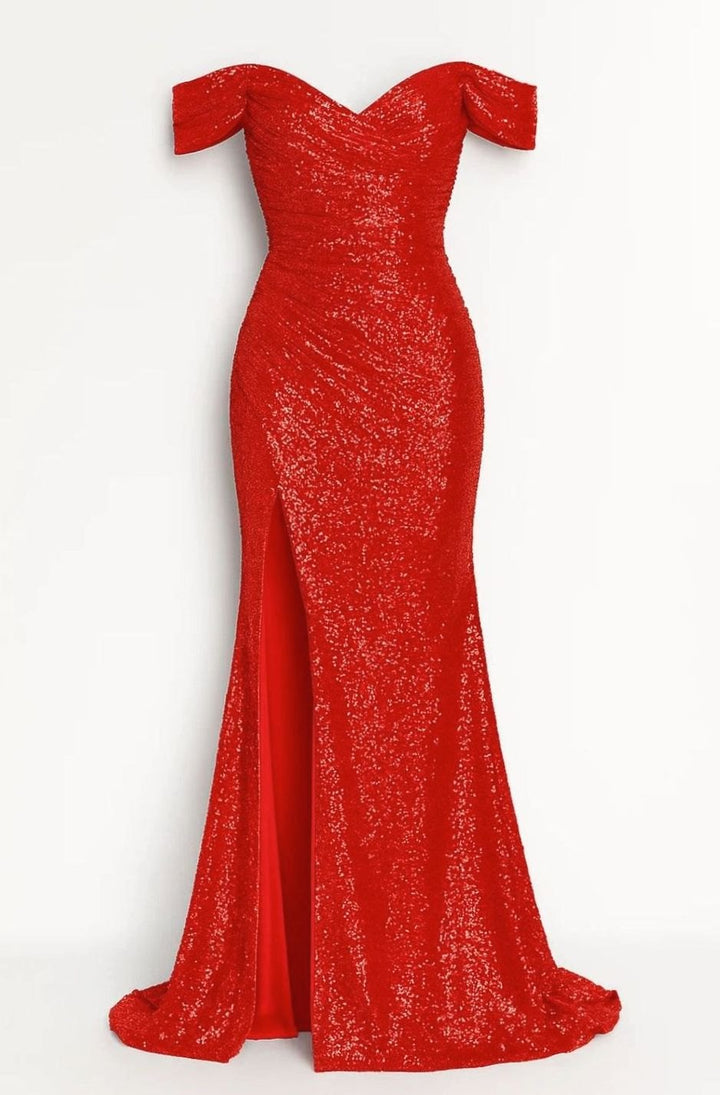 Women's Off-Shoulder Ruched Sequin Maxi Gown High Slit - Red