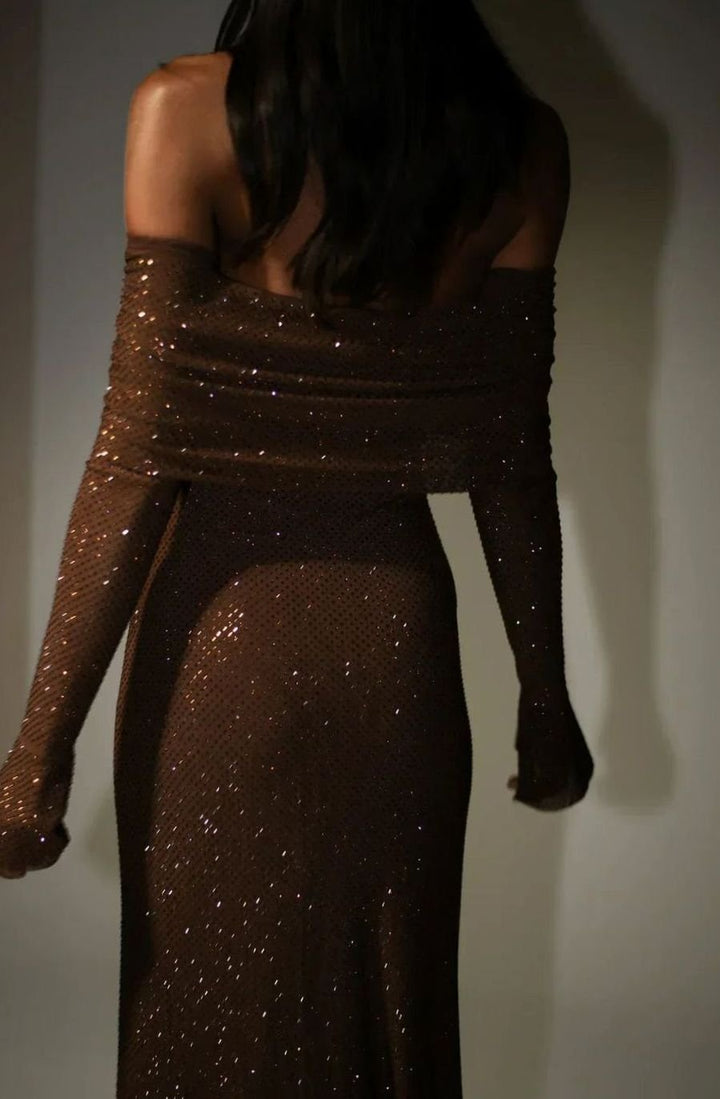 Women's Off-Shoulder Sequin Maxi Dress Long Sleeves