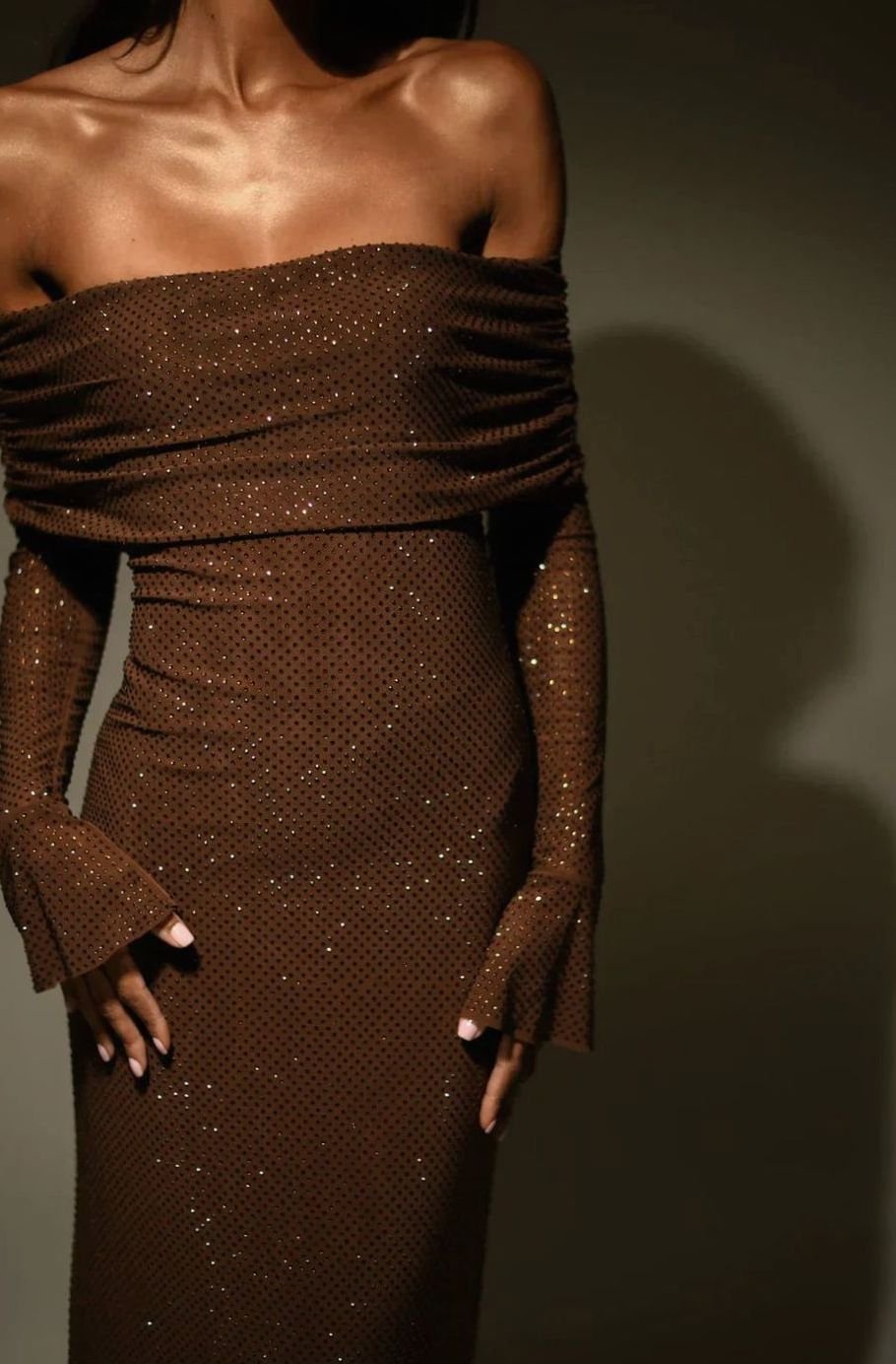 Women's Off-Shoulder Sequin Maxi Dress Long Sleeves