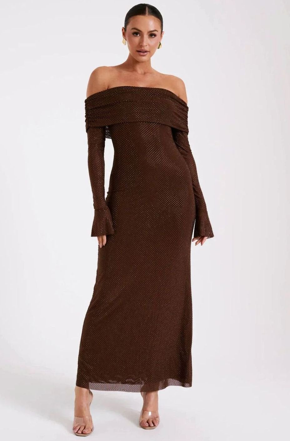 Women's Off-Shoulder Sequin Maxi Dress Long Sleeves