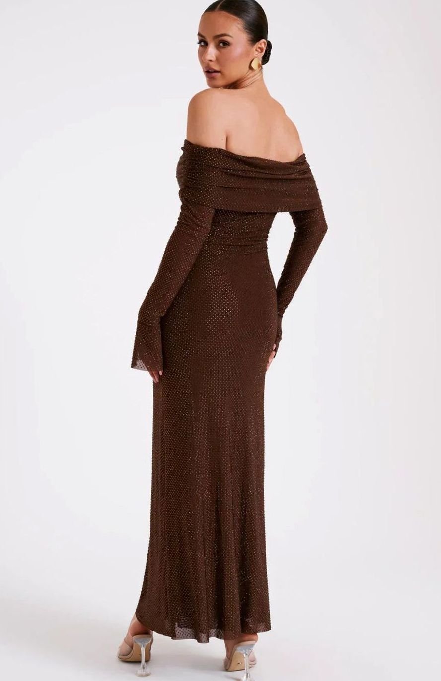 Women's Off-Shoulder Sequin Maxi Dress Long Sleeves