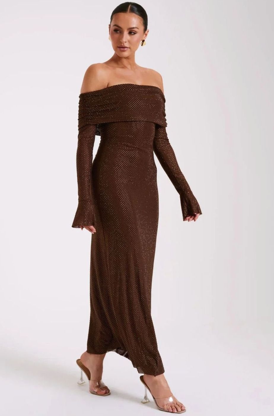 Women's Off-Shoulder Sequin Maxi Dress Long Sleeves