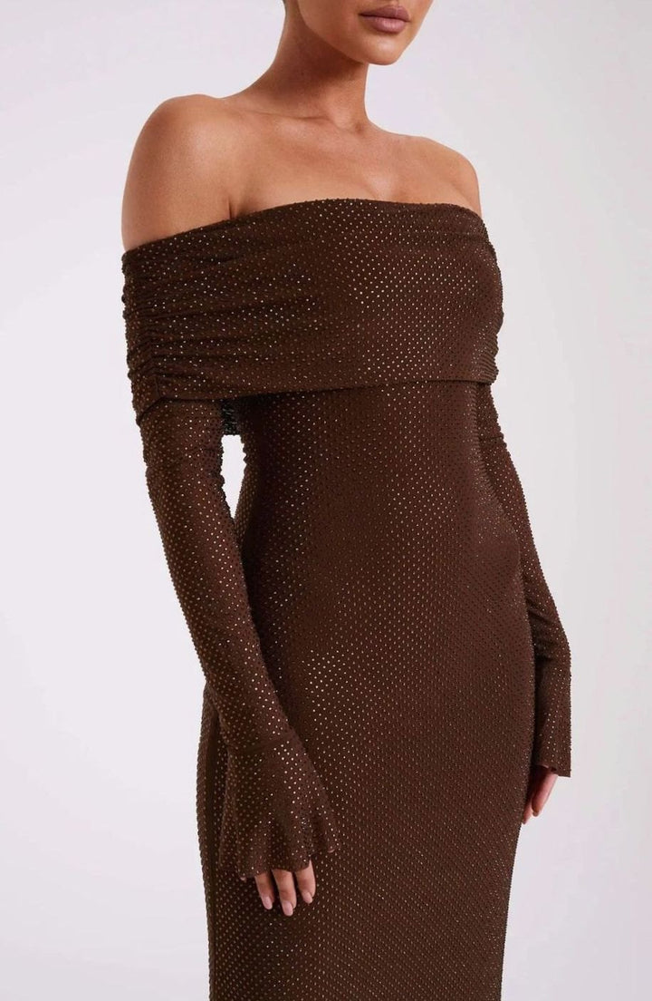 Women's Off-Shoulder Sequin Maxi Dress Long Sleeves