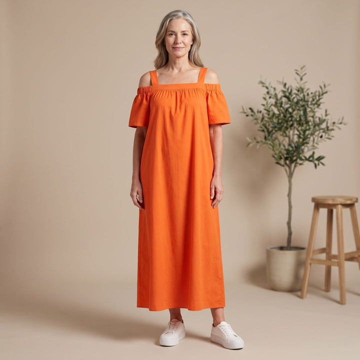 Women's Off-the-Shoulder Relaxed-Fit Cotton Blend Maxi Dress - Orange