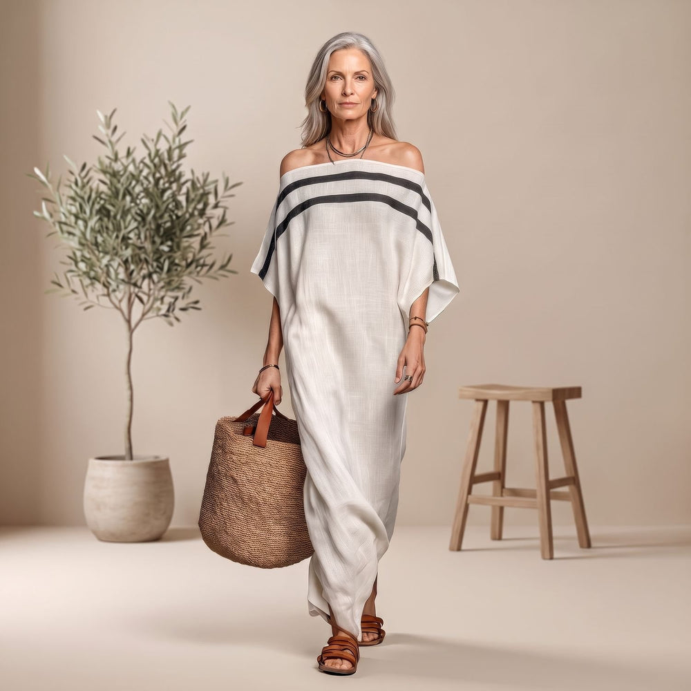 Women's Off-the-Shoulder Striped Batwing-Sleeve Maxi Dress - White