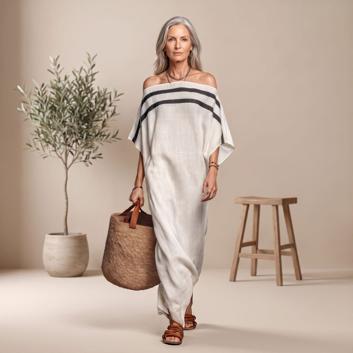 Women's Off-the-Shoulder Striped Batwing-Sleeve Maxi Dress - White