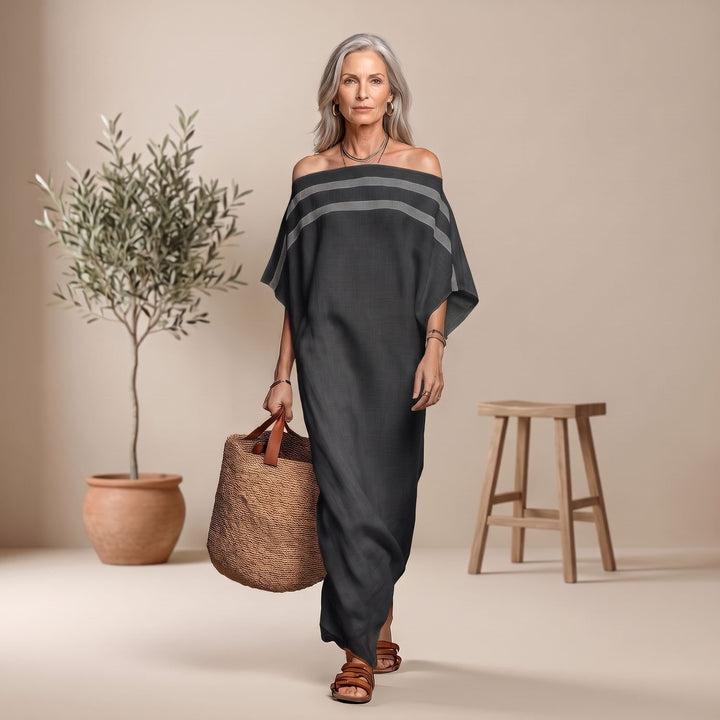 Women's Off-the-Shoulder Striped Batwing-Sleeve Maxi Dress - Dark Gray