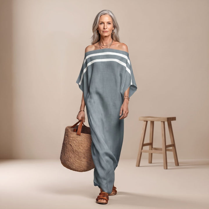 Women's Off-the-Shoulder Striped Batwing-Sleeve Maxi Dress - Light Blue
