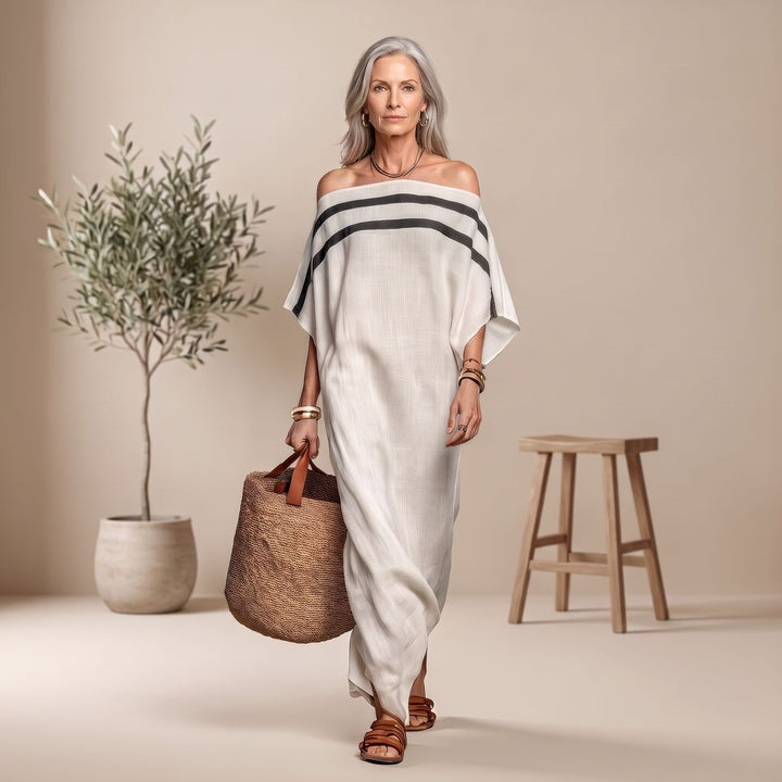Women's Off-the-Shoulder Striped Batwing-Sleeve Maxi Dress